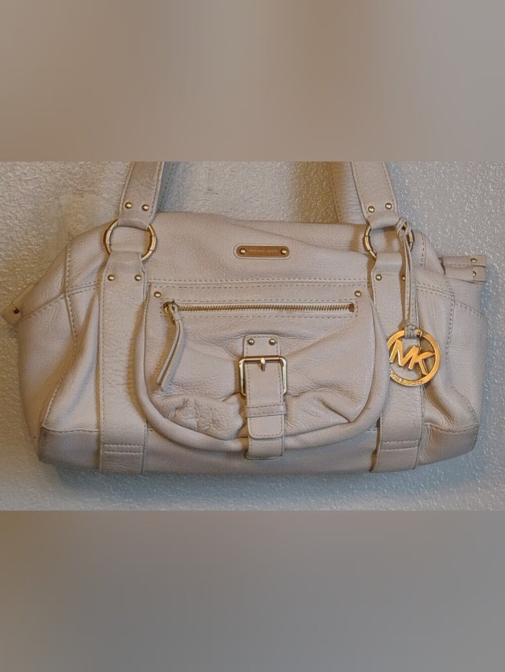Michael Kors Fulton White Pebbled Leather Studded Satchel Shoulder Bag MK Charm
